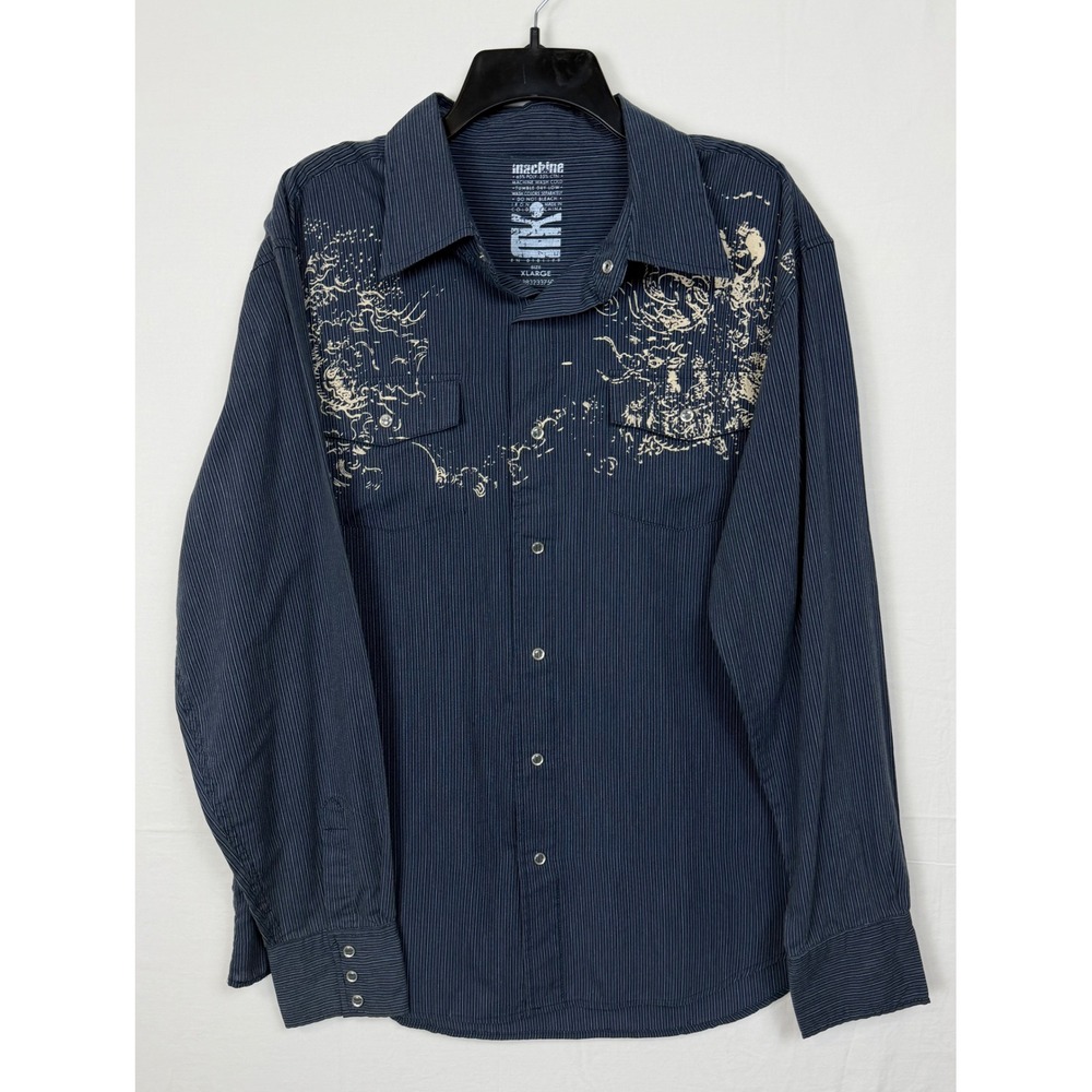 Machine Men's‎ Button Up Shirt Blue Pinstripe Graphic Snap Western Retro XL
